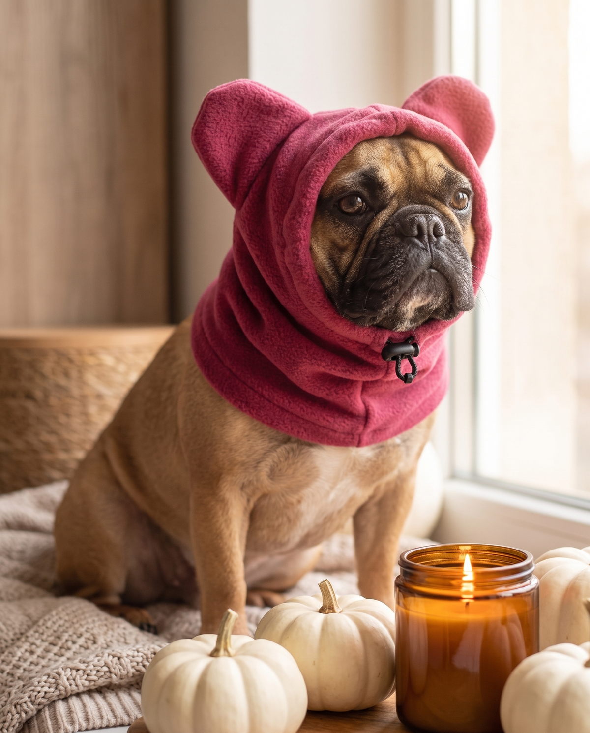 The Snuggle Hood fleece dog hood in Berry