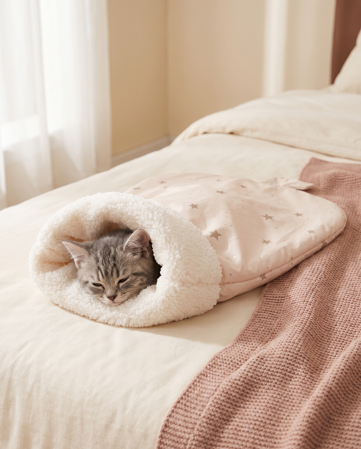 A kitten tucked into The Tuck-In Bag