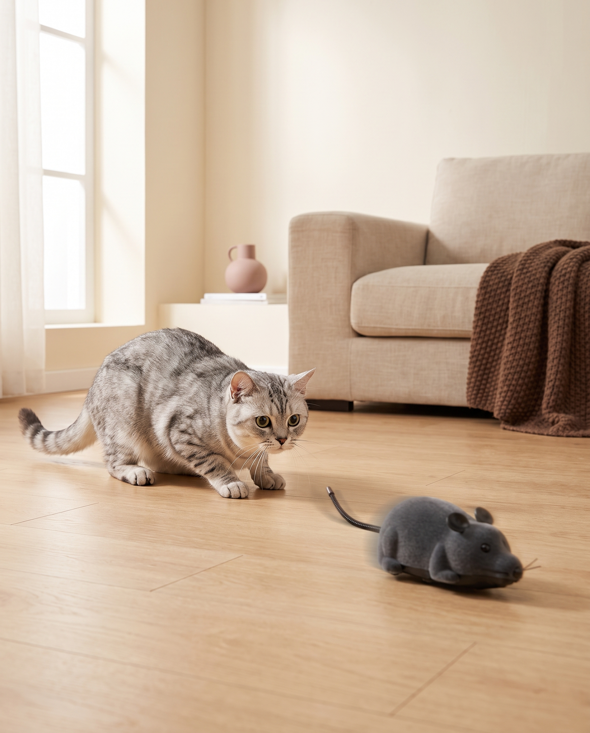 A cat hunting The Zoomie Mouse